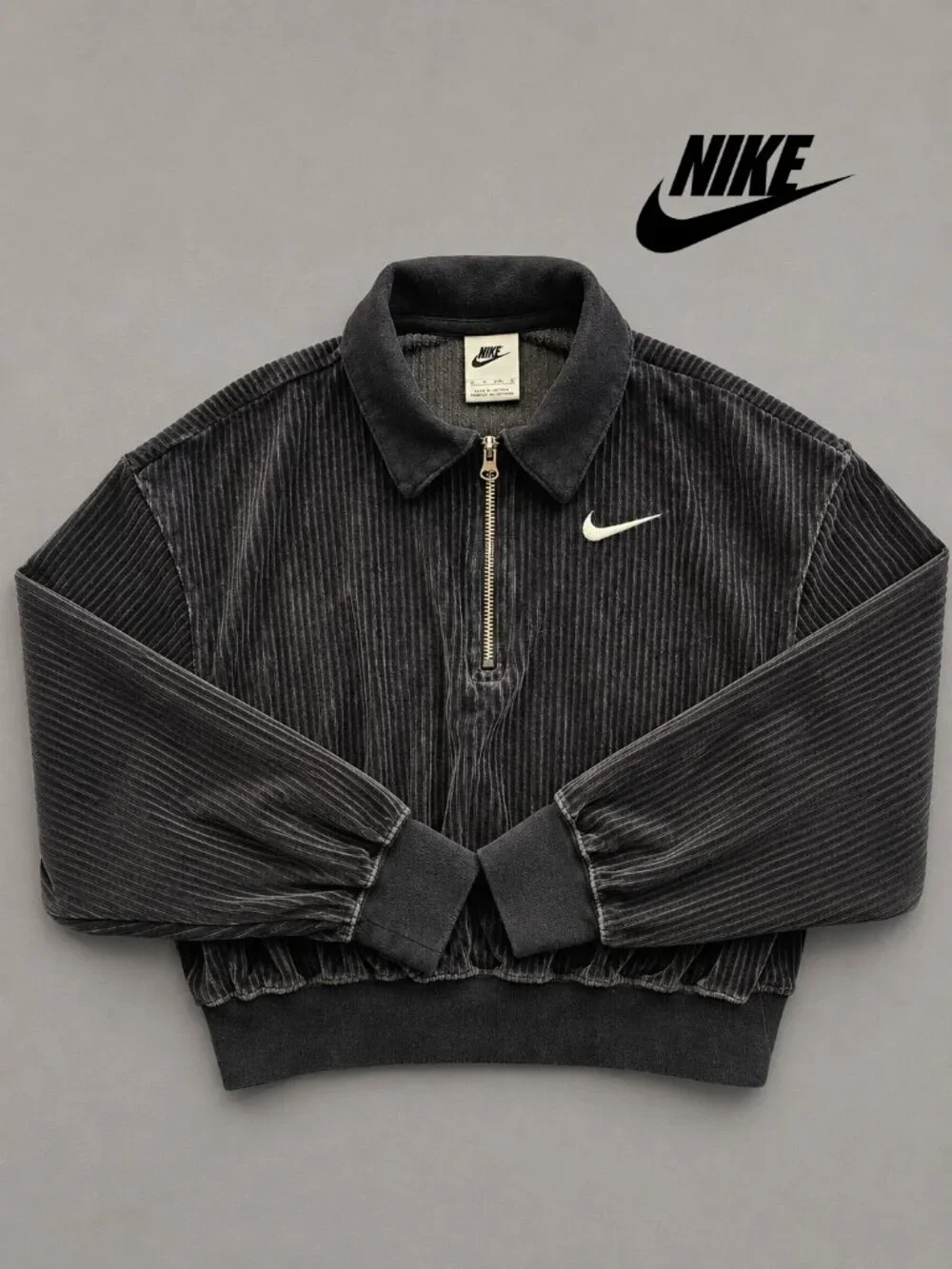 Nike Women's Cropped Corduroy Quarter Zip Hoodie XS Charcoal Gray